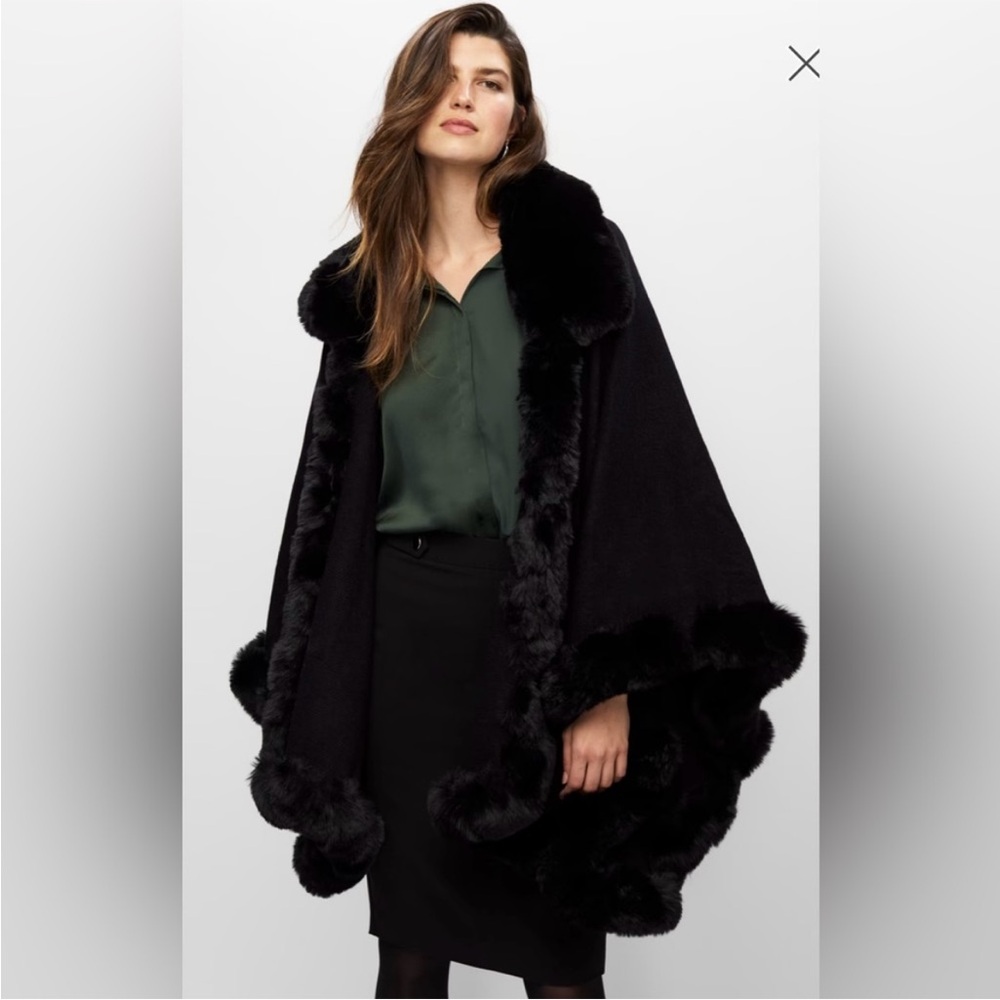 Black Faux-Fur Trim Cape Coat - Women's Jacket & Coat